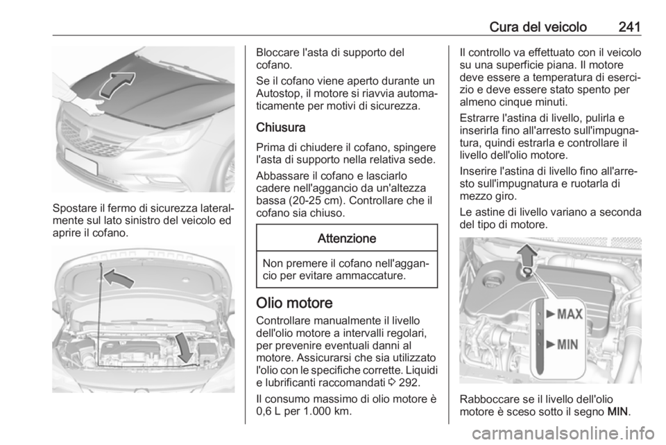OPEL ASTRA K 2017 Manuale di uso e manutenzione (in Italian) Cura del veicolo241
Spostare il fermo di sicurezza lateral‐mente sul lato sinistro del veicolo ed
aprire il cofano.
Bloccare l'asta di supporto del
cofano.
Se il cofano viene aperto durante un A OPEL ASTRA K 2017 Manuale di uso e manutenzione (in Italian) Cura del veicolo241
Spostare il fermo di sicurezza lateral‐mente sul lato sinistro del veicolo ed
aprire il cofano.
Bloccare l'asta di supporto del
cofano.
Se il cofano viene aperto durante un A