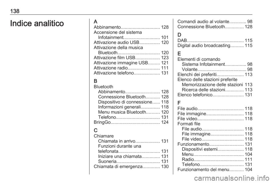 OPEL ASTRA K 2017.5 Manuale del sistema Infotainment (in Italian) 138Indice analiticoAAbbinamento .............................. 128
Accensione del sistema Infotainment ............................ 101
Attivazione audio USB ................120
Attivazione della musi OPEL ASTRA K 2017.5 Manuale del sistema Infotainment (in Italian) 138Indice analiticoAAbbinamento .............................. 128
Accensione del sistema Infotainment ............................ 101
Attivazione audio USB ................120
Attivazione della musi