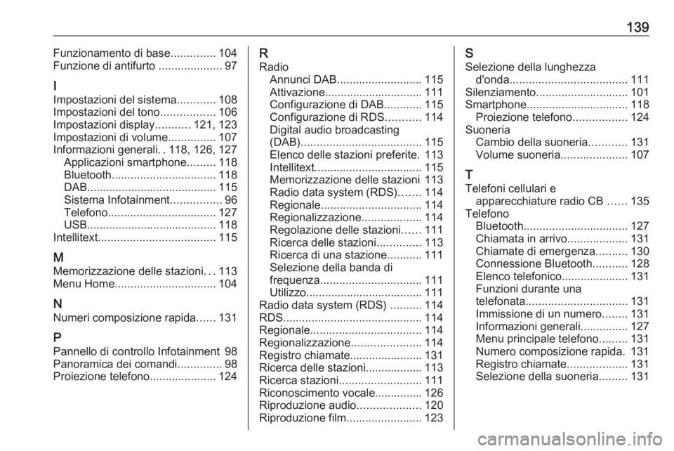 OPEL ASTRA K 2017.5 Manuale del sistema Infotainment (in Italian) 139Funzionamento di base..............104
Funzione di antifurto ....................97
I
Impostazioni del sistema ............108
Impostazioni del tono .................106
Impostazioni display ..... OPEL ASTRA K 2017.5 Manuale del sistema Infotainment (in Italian) 139Funzionamento di base..............104
Funzione di antifurto ....................97
I
Impostazioni del sistema ............108
Impostazioni del tono .................106
Impostazioni display .....