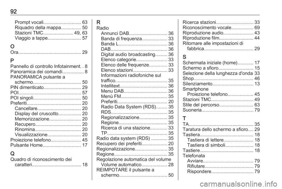 OPEL ASTRA K 2017.5  Manuale del sistema Infotainment (in Italian) 92Prompt vocali............................ 63
Riquadro della mappa ...............50
Stazioni TMC....................... 49, 63
Viaggio a tappe ......................... 57
O
Ora.....................