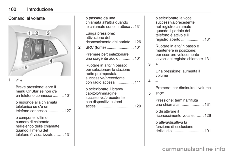 OPEL ASTRA K 2017.5 Manuale del sistema Infotainment (in Italian) 100IntroduzioneComandi al volante
1qw
Breve pressione: apre il
menu OnStar se non c'è
un telefono connesso ..........101
o risponde alla chiamata
telefonica se c'è un
telefono connesso ..... OPEL ASTRA K 2017.5 Manuale del sistema Infotainment (in Italian) 100IntroduzioneComandi al volante
1qw
Breve pressione: apre il
menu OnStar se non c'è
un telefono connesso ..........101
o risponde alla chiamata
telefonica se c'è un
telefono connesso .....