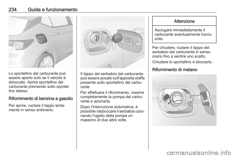 OPEL ASTRA K 2017.5 Manuale di uso e manutenzione (in Italian) 234Guida e funzionamento
Lo sportellino del carburante può
essere aperto solo se il veicolo è
sbloccato. Aprire sportellino del
carburante premendo sullo sportel‐
lino stesso.
Rifornimento di benz OPEL ASTRA K 2017.5 Manuale di uso e manutenzione (in Italian) 234Guida e funzionamento
Lo sportellino del carburante può
essere aperto solo se il veicolo è
sbloccato. Aprire sportellino del
carburante premendo sullo sportel‐
lino stesso.
Rifornimento di benz