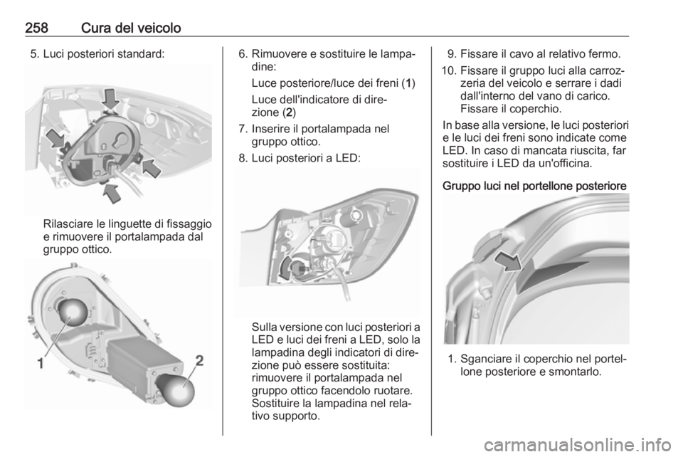 OPEL ASTRA K 2017.5 Manuale di uso e manutenzione (in Italian) 258Cura del veicolo5. Luci posteriori standard:
Rilasciare le linguette di fissaggio
e rimuovere il portalampada dal
gruppo ottico.
6. Rimuovere e sostituire le lampa‐ dine:
Luce posteriore/luce dei OPEL ASTRA K 2017.5 Manuale di uso e manutenzione (in Italian) 258Cura del veicolo5. Luci posteriori standard:
Rilasciare le linguette di fissaggio
e rimuovere il portalampada dal
gruppo ottico.
6. Rimuovere e sostituire le lampa‐ dine:
Luce posteriore/luce dei