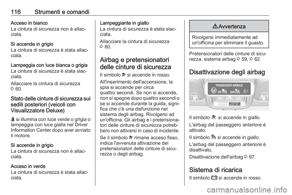 OPEL ASTRA K 2018 Manuale di uso e manutenzione (in Italian) 116Strumenti e comandiAcceso in bianco
La cintura di sicurezza non è allac‐
ciata.
Si accende in grigio
La cintura di sicurezza è stata allac‐
ciata.
Lampeggia con luce bianca o grigia La cintur OPEL ASTRA K 2018 Manuale di uso e manutenzione (in Italian) 116Strumenti e comandiAcceso in bianco
La cintura di sicurezza non è allac‐
ciata.
Si accende in grigio
La cintura di sicurezza è stata allac‐
ciata.
Lampeggia con luce bianca o grigia La cintur