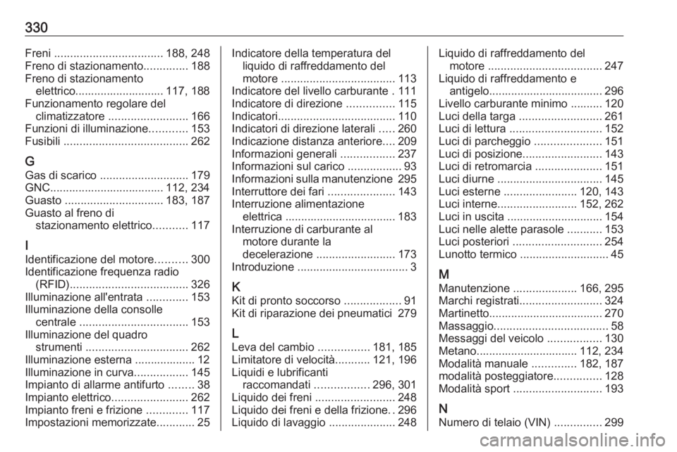 OPEL ASTRA K 2018 Manuale di uso e manutenzione (in Italian) 330Freni .................................. 188, 248
Freno di stazionamento ..............188
Freno di stazionamento elettrico............................ 117, 188
Funzionamento regolare del climatizz OPEL ASTRA K 2018 Manuale di uso e manutenzione (in Italian) 330Freni .................................. 188, 248
Freno di stazionamento ..............188
Freno di stazionamento elettrico............................ 117, 188
Funzionamento regolare del climatizz