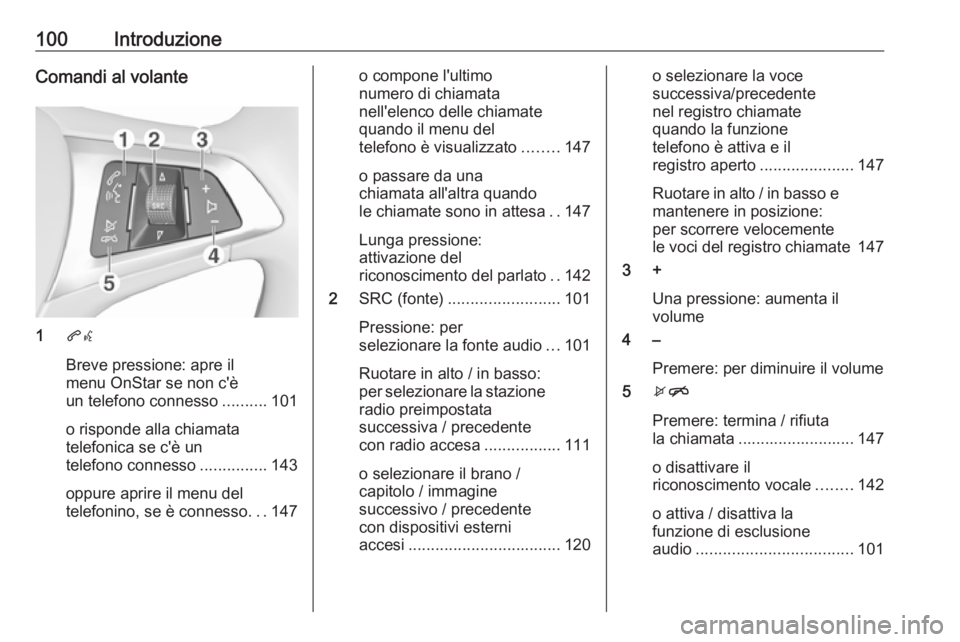 OPEL ASTRA K 2018.5 Manuale del sistema Infotainment (in Italian) 100IntroduzioneComandi al volante
1qw
Breve pressione: apre il
menu OnStar se non c'è
un telefono connesso ..........101
o risponde alla chiamata
telefonica se c'è un
telefono connesso ..... OPEL ASTRA K 2018.5 Manuale del sistema Infotainment (in Italian) 100IntroduzioneComandi al volante
1qw
Breve pressione: apre il
menu OnStar se non c'è
un telefono connesso ..........101
o risponde alla chiamata
telefonica se c'è un
telefono connesso .....