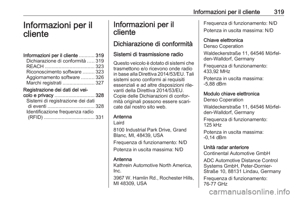 OPEL ASTRA K 2018.5 Manuale di uso e manutenzione (in Italian) Informazioni per il cliente319Informazioni per il
clienteInformazioni per il cliente ...........319
Dichiarazione di conformità .....319
REACH .................................... 323
Riconoscimento OPEL ASTRA K 2018.5 Manuale di uso e manutenzione (in Italian) Informazioni per il cliente319Informazioni per il
clienteInformazioni per il cliente ...........319
Dichiarazione di conformità .....319
REACH .................................... 323
Riconoscimento