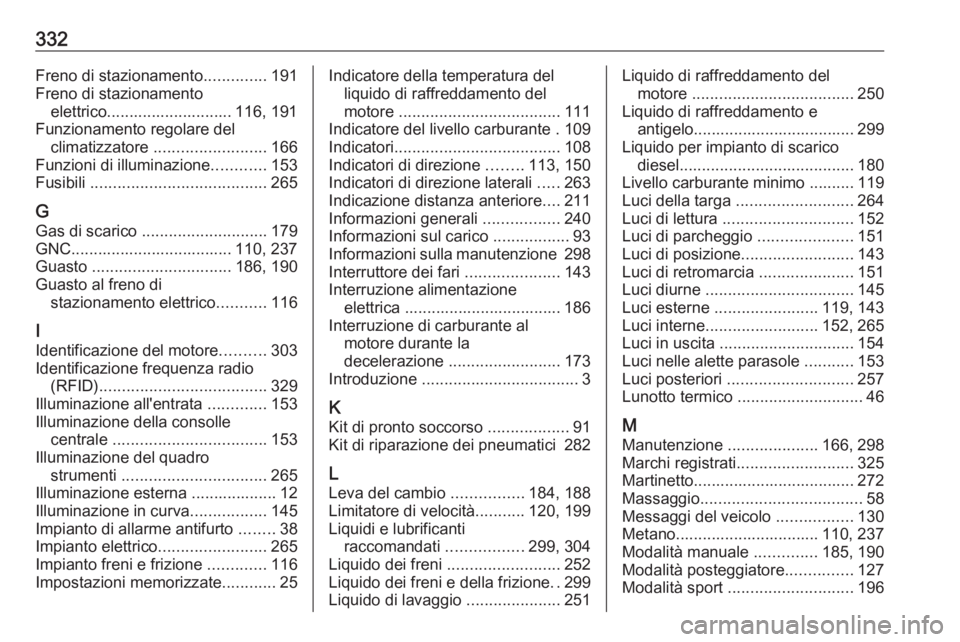 OPEL ASTRA K 2019  Manuale di uso e manutenzione (in Italian) 332Freno di stazionamento..............191
Freno di stazionamento elettrico............................ 116, 191
Funzionamento regolare del climatizzatore  ......................... 166
Funzioni di il