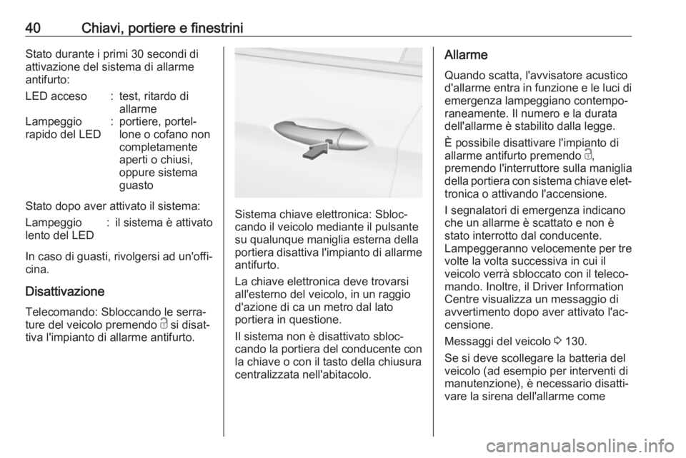 OPEL ASTRA K 2019 Manuale di uso e manutenzione (in Italian) 40Chiavi, portiere e finestriniStato durante i primi 30 secondi di
attivazione del sistema di allarme
antifurto:LED acceso:test, ritardo di
allarmeLampeggio
rapido del LED:portiere, portel‐
lone o c OPEL ASTRA K 2019 Manuale di uso e manutenzione (in Italian) 40Chiavi, portiere e finestriniStato durante i primi 30 secondi di
attivazione del sistema di allarme
antifurto:LED acceso:test, ritardo di
allarmeLampeggio
rapido del LED:portiere, portel‐
lone o c