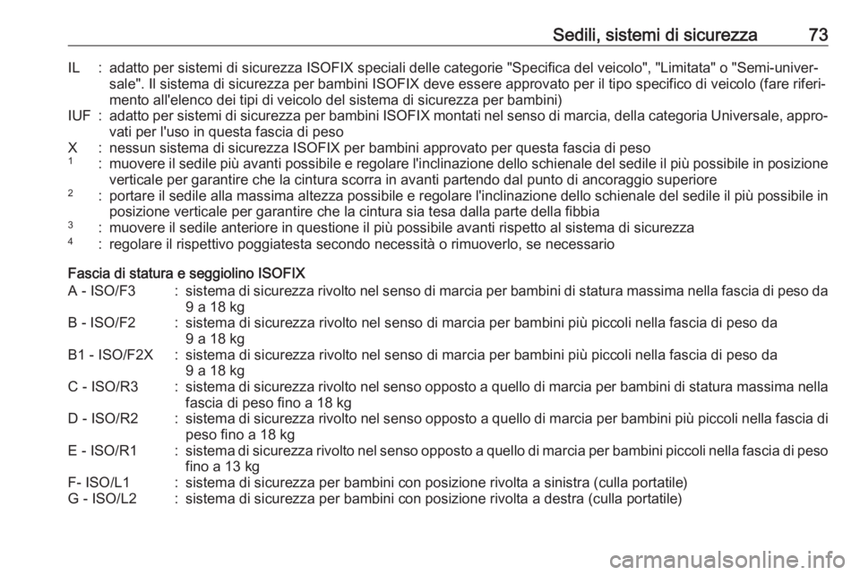 OPEL ASTRA K 2019  Manuale di uso e manutenzione (in Italian) Sedili, sistemi di sicurezza73IL:adatto per sistemi di sicurezza ISOFIX speciali delle categorie "Specifica del veicolo", "Limitata" o "Semi-univer‐
sale". Il sistema di sicu