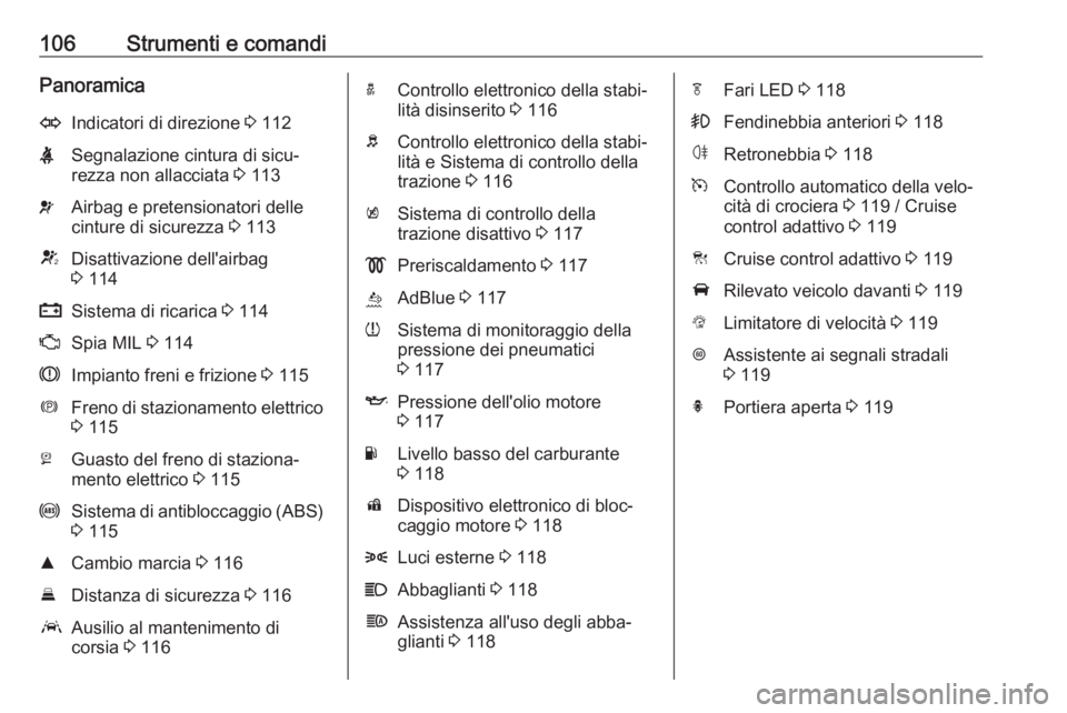 OPEL ASTRA K 2019.5  Manuale di uso e manutenzione (in Italian) 106Strumenti e comandiPanoramicaOIndicatori di direzione 3 112XSegnalazione cintura di sicu‐
rezza non allacciata  3 113vAirbag e pretensionatori delle
cinture di sicurezza  3 113VDisattivazione del