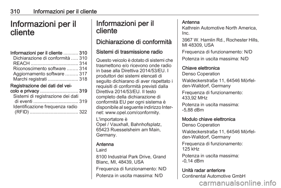 OPEL ASTRA K 2019.5 Manuale di uso e manutenzione (in Italian) 310Informazioni per il clienteInformazioni per il
clienteInformazioni per il cliente ...........310
Dichiarazione di conformità .....310
REACH .................................... 314
Riconoscimento OPEL ASTRA K 2019.5 Manuale di uso e manutenzione (in Italian) 310Informazioni per il clienteInformazioni per il
clienteInformazioni per il cliente ...........310
Dichiarazione di conformità .....310
REACH .................................... 314
Riconoscimento