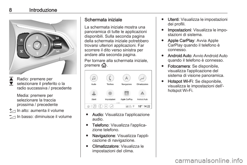 OPEL ASTRA K 2020 Manuale del sistema Infotainment (in Italian) 8Introduzione
L
M Radio: premere per
selezionare il preferito o la
radio successiva / precedente
Media: premere per
selezionare la traccia
prossima / precedente
Y In alto: aumenta il volume
Z In basso OPEL ASTRA K 2020 Manuale del sistema Infotainment (in Italian) 8Introduzione
L
M Radio: premere per
selezionare il preferito o la
radio successiva / precedente
Media: premere per
selezionare la traccia
prossima / precedente
Y In alto: aumenta il volume
Z In basso