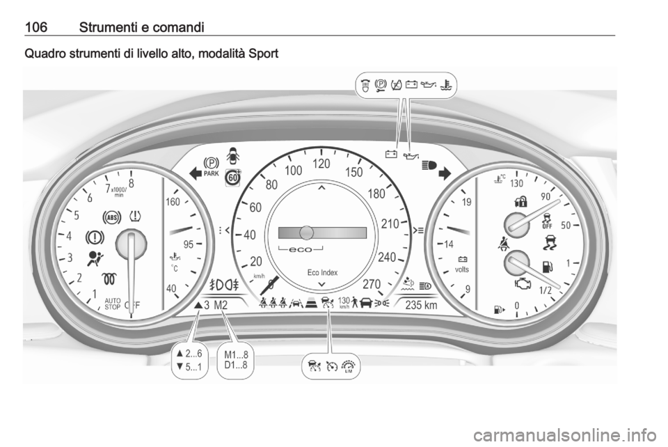 OPEL ASTRA K 2020 Manuale di uso e manutenzione (in Italian) 106Strumenti e comandiQuadro strumenti di livello alto, modalità Sport OPEL ASTRA K 2020 Manuale di uso e manutenzione (in Italian) 106Strumenti e comandiQuadro strumenti di livello alto, modalità Sport