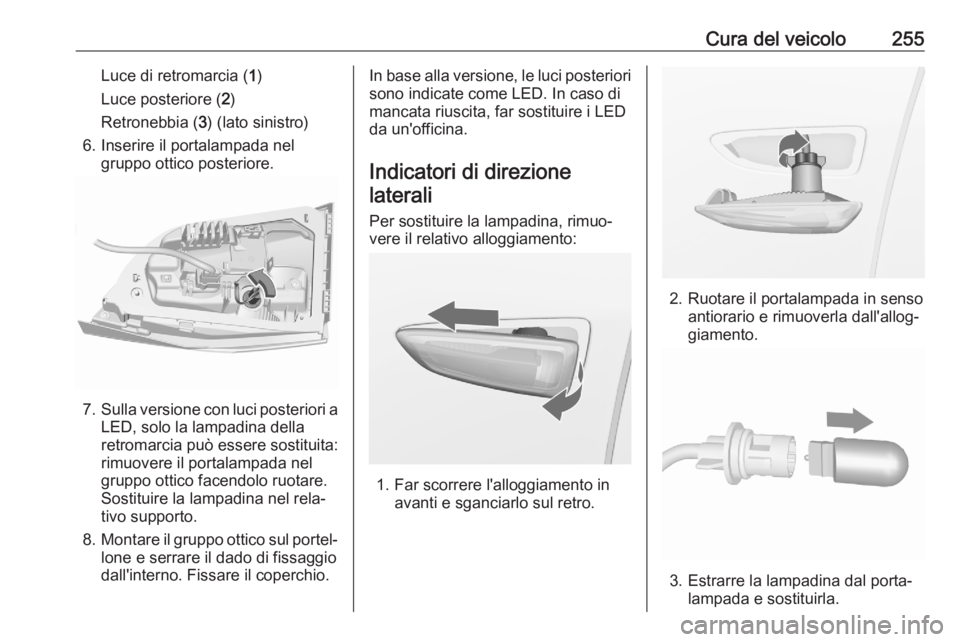 OPEL ASTRA K 2020  Manuale di uso e manutenzione (in Italian) Cura del veicolo255Luce di retromarcia (1)
Luce posteriore ( 2)
Retronebbia ( 3) (lato sinistro)
6. Inserire il portalampada nel gruppo ottico posteriore.
7.Sulla versione con luci posteriori a
LED, s