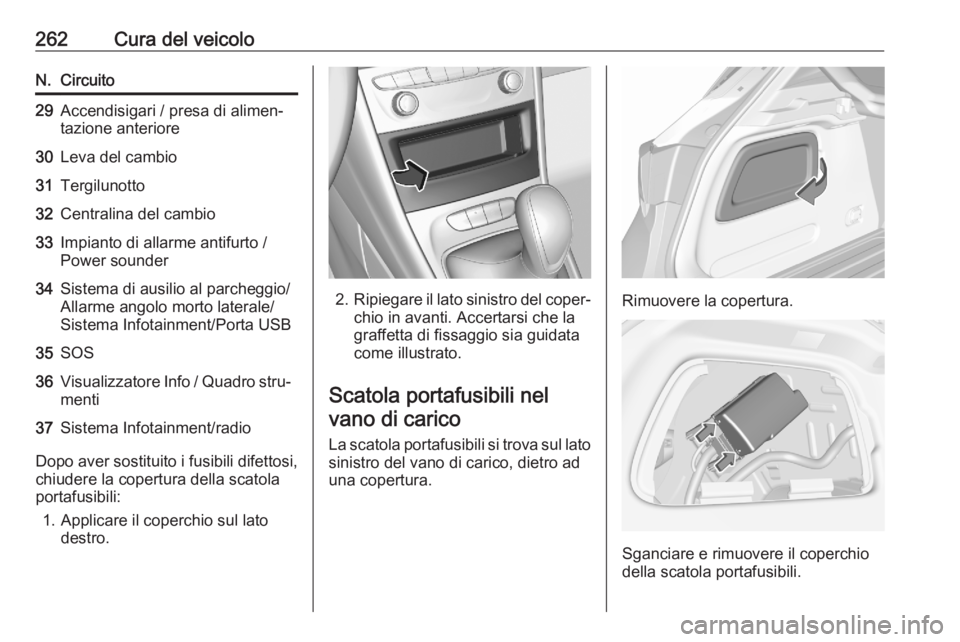 OPEL ASTRA K 2020  Manuale di uso e manutenzione (in Italian) 262Cura del veicoloN.Circuito29Accendisigari / presa di alimen‐
tazione anteriore30Leva del cambio31Tergilunotto32Centralina del cambio33Impianto di allarme antifurto /
Power sounder34Sistema di aus