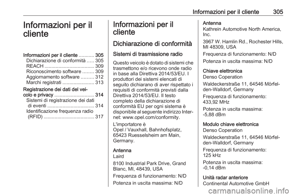 OPEL ASTRA K 2020 Manuale di uso e manutenzione (in Italian) Informazioni per il cliente305Informazioni per il
clienteInformazioni per il cliente ...........305
Dichiarazione di conformità .....305
REACH .................................... 309
Riconoscimento OPEL ASTRA K 2020 Manuale di uso e manutenzione (in Italian) Informazioni per il cliente305Informazioni per il
clienteInformazioni per il cliente ...........305
Dichiarazione di conformità .....305
REACH .................................... 309
Riconoscimento