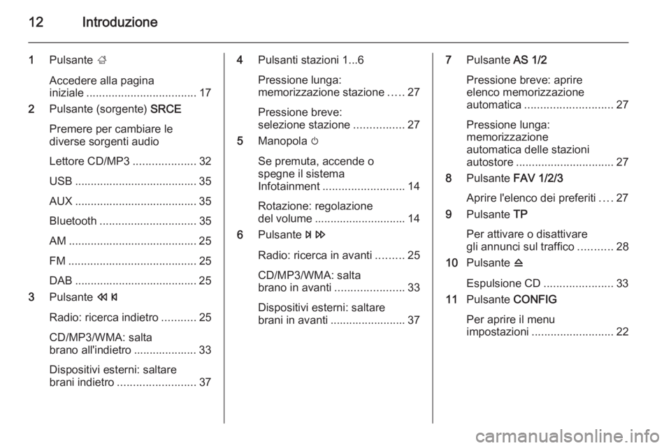 OPEL CASCADA 2014.5 Manuale del sistema Infotainment (in Italian) 12Introduzione
1Pulsante ;
Accedere alla pagina
iniziale ................................... 17
2 Pulsante (sorgente) SRCE
Premere per cambiare le
diverse sorgenti audio
Lettore CD/MP3 ............. OPEL CASCADA 2014.5 Manuale del sistema Infotainment (in Italian) 12Introduzione
1Pulsante ;
Accedere alla pagina
iniziale ................................... 17
2 Pulsante (sorgente) SRCE
Premere per cambiare le
diverse sorgenti audio
Lettore CD/MP3 .............