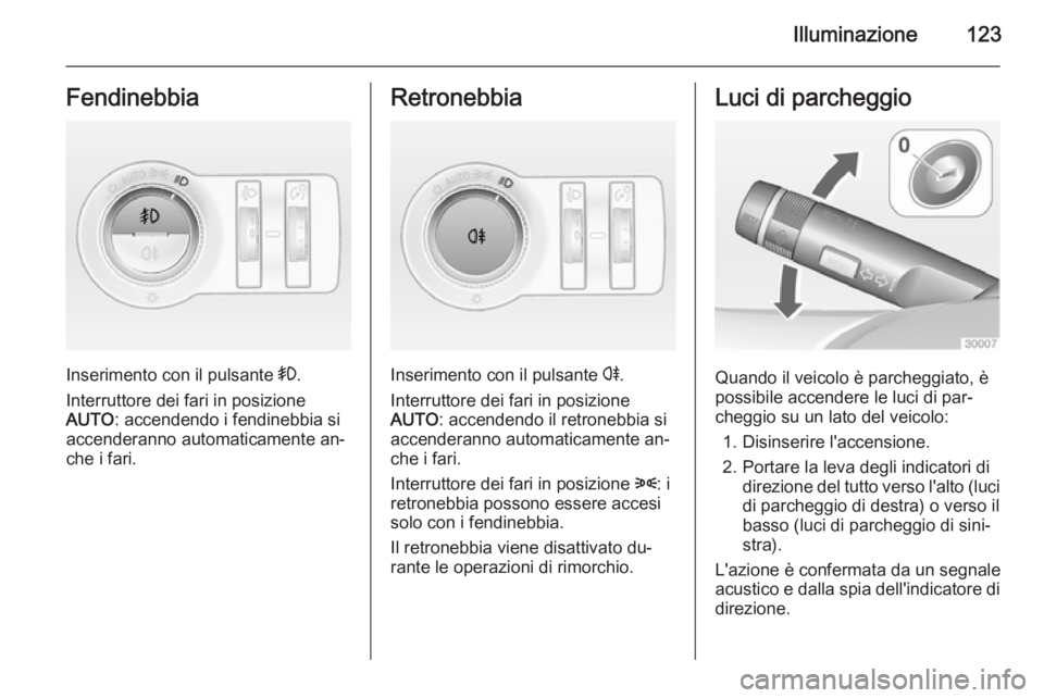 OPEL CASCADA 2014.5  Manuale di uso e manutenzione (in Italian) Illuminazione123Fendinebbia
Inserimento con il pulsante >.
Interruttore dei fari in posizione
AUTO : accendendo i fendinebbia si
accenderanno automaticamente an‐ che i fari.
Retronebbia
Inserimento 
