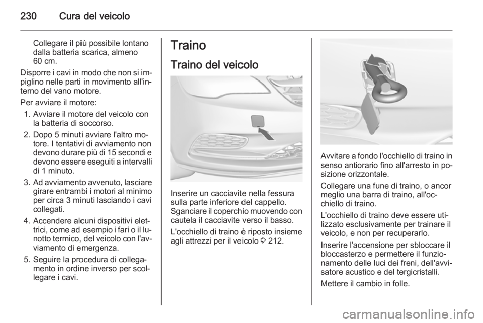 OPEL CASCADA 2014.5 Manuale di uso e manutenzione (in Italian) 230Cura del veicolo
Collegare il più possibile lontano
dalla batteria scarica, almeno
60 cm.
Disporre i cavi in modo che non si im‐ piglino nelle parti in movimento all'in‐
terno del vano mot OPEL CASCADA 2014.5 Manuale di uso e manutenzione (in Italian) 230Cura del veicolo
Collegare il più possibile lontano
dalla batteria scarica, almeno
60 cm.
Disporre i cavi in modo che non si im‐ piglino nelle parti in movimento all'in‐
terno del vano mot
