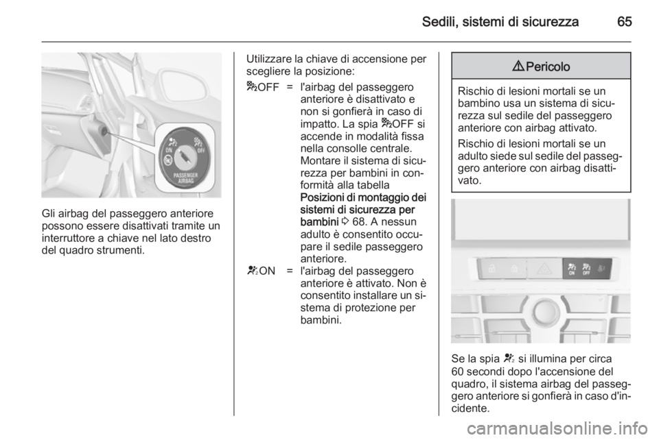 OPEL CASCADA 2014.5  Manuale di uso e manutenzione (in Italian) Sedili, sistemi di sicurezza65
Gli airbag del passeggero anteriore
possono essere disattivati tramite un
interruttore a chiave nel lato destro
del quadro strumenti.
Utilizzare la chiave di accensione 