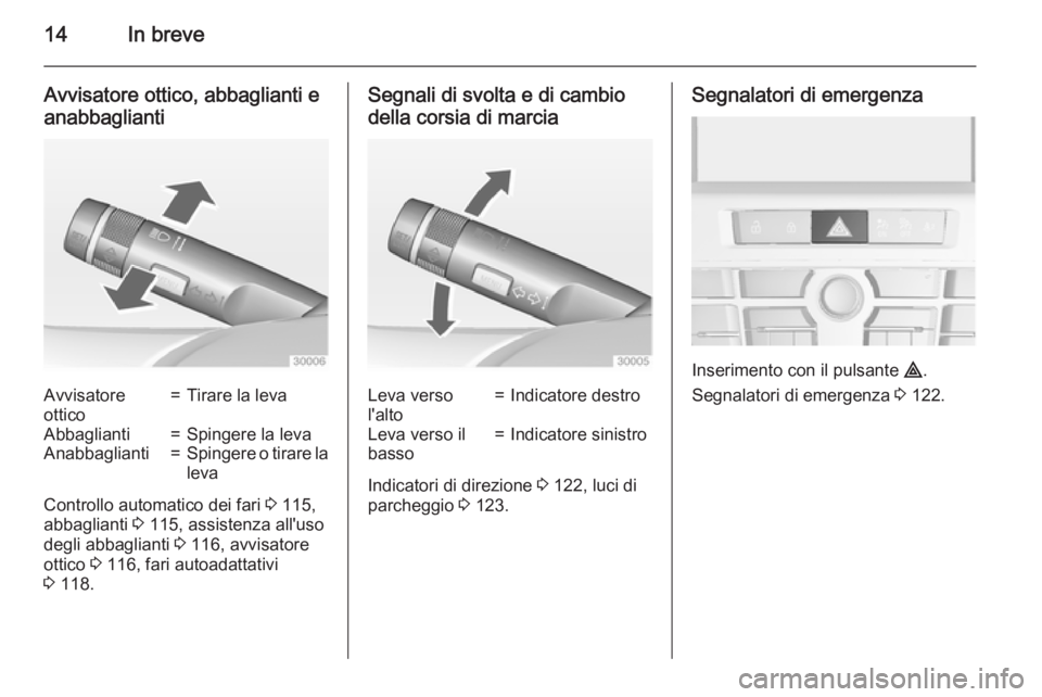 OPEL CASCADA 2015  Manuale di uso e manutenzione (in Italian) 14In breve
Avvisatore ottico, abbaglianti eanabbagliantiAvvisatore
ottico=Tirare la levaAbbaglianti=Spingere la levaAnabbaglianti=Spingere o tirare la
leva
Controllo automatico dei fari  3 115,
abbagl