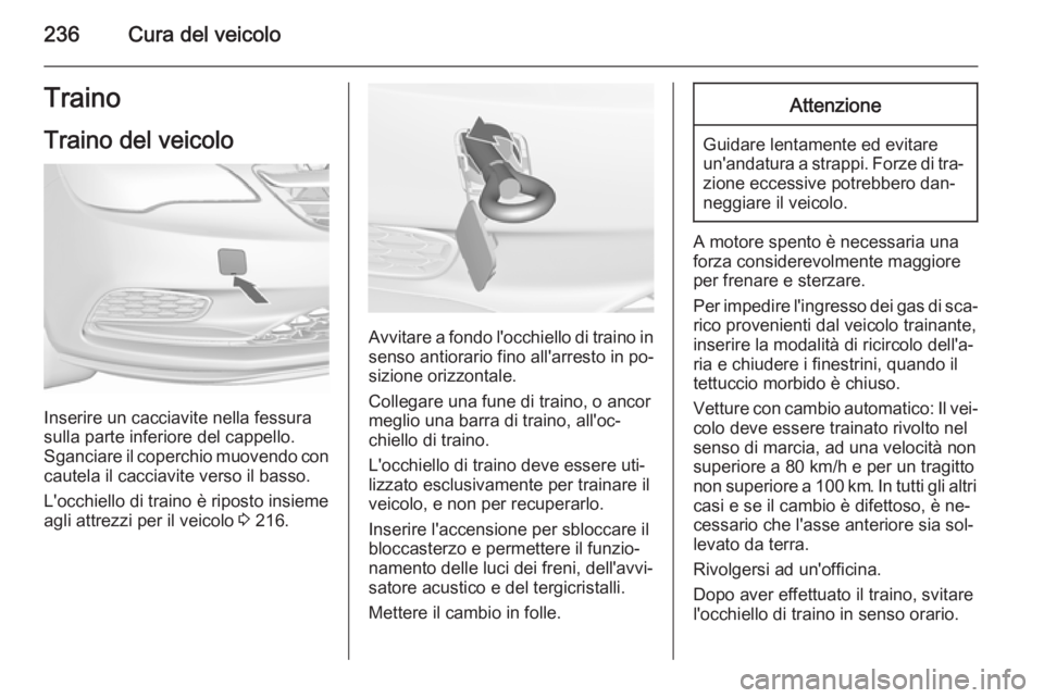 OPEL CASCADA 2015.5  Manuale di uso e manutenzione (in Italian) 236Cura del veicoloTrainoTraino del veicolo
Inserire un cacciavite nella fessura
sulla parte inferiore del cappello.
Sganciare il coperchio muovendo con cautela il cacciavite verso il basso.
L'occ
