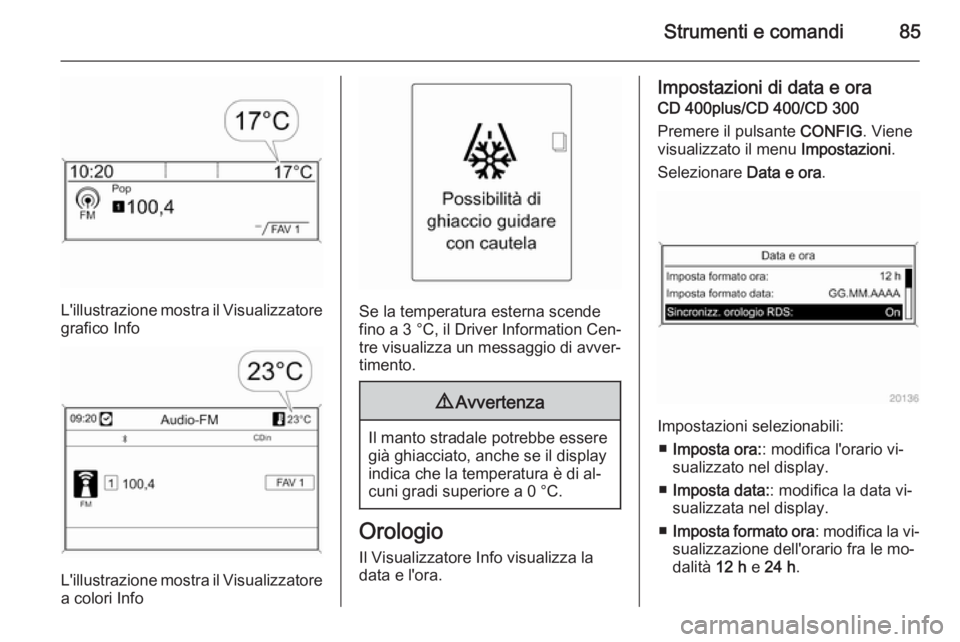 OPEL CASCADA 2015.5  Manuale di uso e manutenzione (in Italian) Strumenti e comandi85
L'illustrazione mostra il Visualizzatoregrafico Info
L'illustrazione mostra il Visualizzatorea colori Info
Se la temperatura esterna scende
fino a 3 °C, il Driver Inform