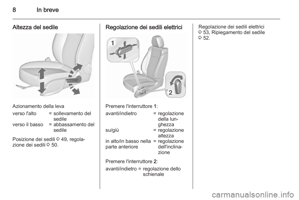 OPEL CASCADA 2015.5  Manuale di uso e manutenzione (in Italian) 8In breve
Altezza del sedile
Azionamento della leva
verso l'alto=sollevamento del
sedileverso il basso=abbassamento del
sedile
Posizione dei sedili  3 49, regola‐
zione dei sedili  3 50.
Regolaz