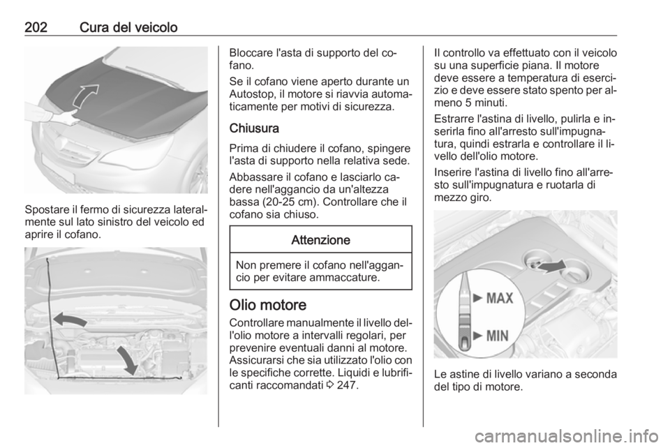 OPEL CASCADA 2016 Manuale di uso e manutenzione (in Italian) 202Cura del veicolo
Spostare il fermo di sicurezza lateral‐mente sul lato sinistro del veicolo ed
aprire il cofano.
Bloccare l'asta di supporto del co‐
fano.
Se il cofano viene aperto durante OPEL CASCADA 2016 Manuale di uso e manutenzione (in Italian) 202Cura del veicolo
Spostare il fermo di sicurezza lateral‐mente sul lato sinistro del veicolo ed
aprire il cofano.
Bloccare l'asta di supporto del co‐
fano.
Se il cofano viene aperto durante