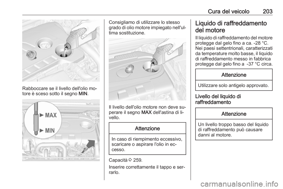 OPEL CASCADA 2016 Manuale di uso e manutenzione (in Italian) Cura del veicolo203
Rabboccare se il livello dell'olio mo‐
tore è sceso sotto il segno MIN.
Consigliamo di utilizzare lo stesso
grado di olio motore impiegato nell'ul‐ tima sostituzione. OPEL CASCADA 2016 Manuale di uso e manutenzione (in Italian) Cura del veicolo203
Rabboccare se il livello dell'olio mo‐
tore è sceso sotto il segno MIN.
Consigliamo di utilizzare lo stesso
grado di olio motore impiegato nell'ul‐ tima sostituzione.