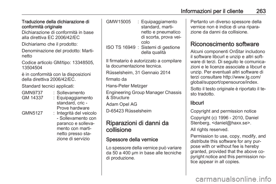OPEL CASCADA 2016.5  Manuale di uso e manutenzione (in Italian) Informazioni per il cliente263Traduzione della dichiarazione di
conformità originale
Dichiarazione di conformità in base
alla direttiva EC 2006/42/EC
Dichiariamo che il prodotto:
Denominazione del p