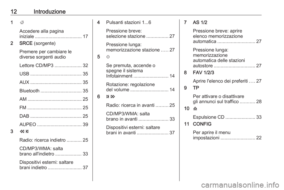 OPEL CASCADA 2017  Manuale del sistema Infotainment (in Italian) 12Introduzione1;
Accedere alla pagina
iniziale ................................... 17
2 SRCE  (sorgente)
Premere per cambiare le
diverse sorgenti audio
Lettore CD/MP3 ....................32
USB ......