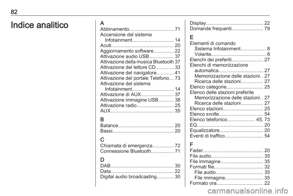 OPEL CASCADA 2017.5  Manuale del sistema Infotainment (in Italian) 82Indice analiticoAAbbinamento ................................ 71
Accensione del sistema Infotainment .............................. 14
Acuti.............................................. 20
Aggiorna