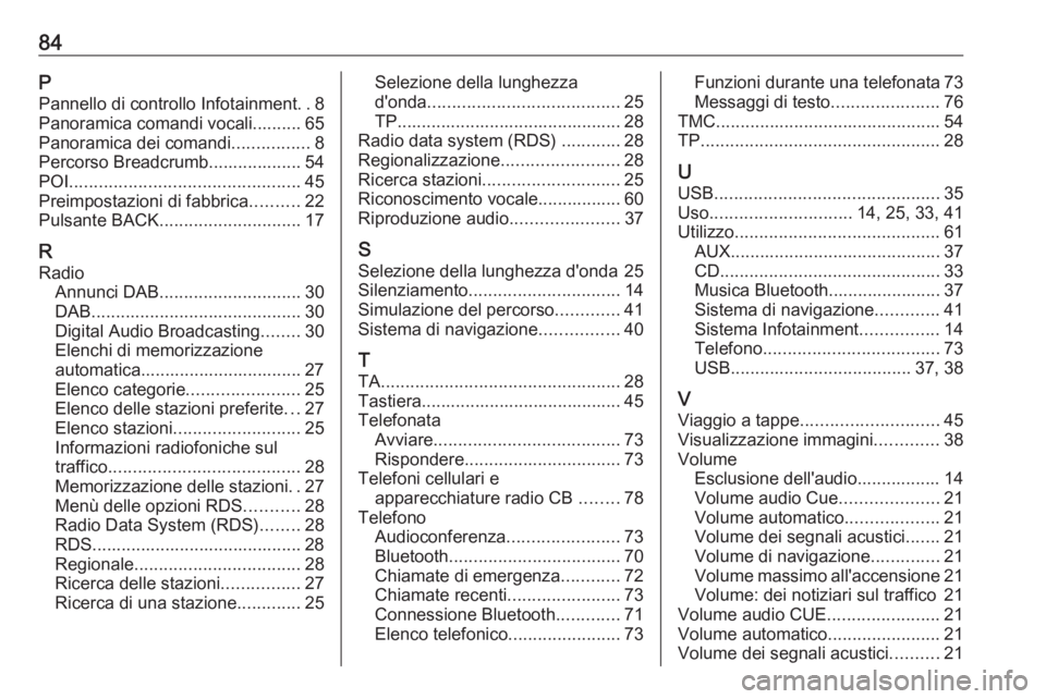 OPEL CASCADA 2017.5  Manuale del sistema Infotainment (in Italian) 84PPannello di controllo Infotainment ..8
Panoramica comandi vocali.......... 65
Panoramica dei comandi ................8
Percorso Breadcrumb................... 54
POI ................................