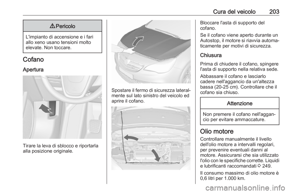 OPEL CASCADA 2017.5 Manuale di uso e manutenzione (in Italian) Cura del veicolo2039Pericolo
L'impianto di accensione e i fari
allo xeno usano tensioni molto
elevate. Non toccare.
Cofano
Apertura
Tirare la leva di sblocco e riportarla
alla posizione originale. OPEL CASCADA 2017.5 Manuale di uso e manutenzione (in Italian) Cura del veicolo2039Pericolo
L'impianto di accensione e i fari
allo xeno usano tensioni molto
elevate. Non toccare.
Cofano
Apertura
Tirare la leva di sblocco e riportarla
alla posizione originale.