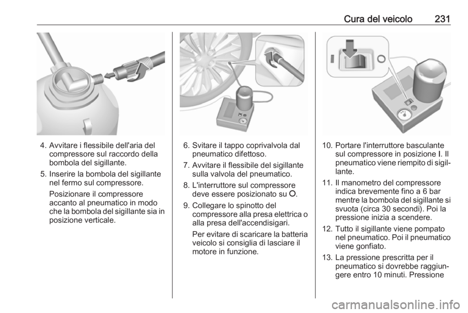 OPEL CASCADA 2018  Manuale di uso e manutenzione (in Italian) Cura del veicolo231
4. Avvitare i flessibile dell'aria delcompressore sul raccordo della
bombola del sigillante.
5. Inserire la bombola del sigillante nel fermo sul compressore.
Posizionare il com