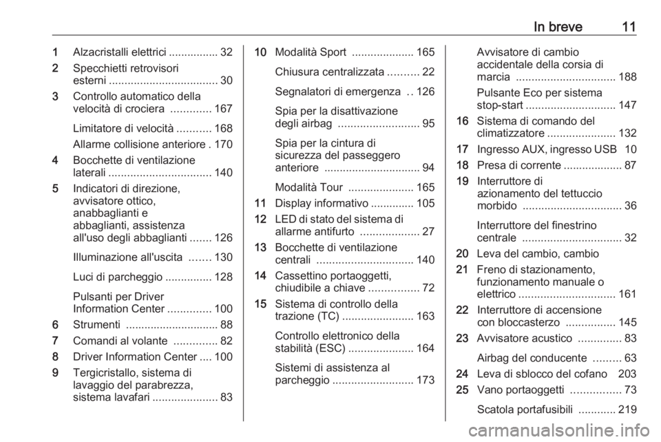 OPEL CASCADA 2018.5  Manuale di uso e manutenzione (in Italian) In breve111Alzacristalli elettrici ................ 32
2 Specchietti retrovisori
esterni ................................... 30
3 Controllo automatico della
velocità di crociera  .............167
Lim
