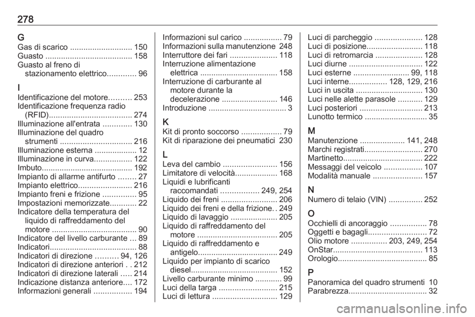 OPEL CASCADA 2018.5  Manuale di uso e manutenzione (in Italian) 278GGas di scarico  ............................ 150
Guasto  ....................................... 158
Guasto al freno di stazionamento elettrico .............96
I
Identificazione del motore .......