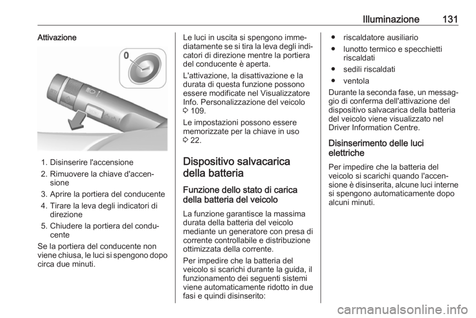 OPEL CASCADA 2019 Manuale di uso e manutenzione (in Italian) Illuminazione131Attivazione
1. Disinserire l'accensione
2. Rimuovere la chiave d'accen‐ sione
3. Aprire la portiera del conducente 4. Tirare la leva degli indicatori di direzione
5. Chiudere OPEL CASCADA 2019 Manuale di uso e manutenzione (in Italian) Illuminazione131Attivazione
1. Disinserire l'accensione
2. Rimuovere la chiave d'accen‐ sione
3. Aprire la portiera del conducente 4. Tirare la leva degli indicatori di direzione
5. Chiudere