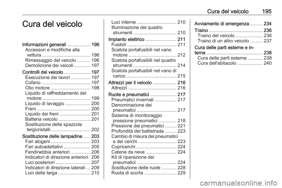 OPEL CASCADA 2019  Manuale di uso e manutenzione (in Italian) Cura del veicolo195Cura del veicoloInformazioni generali.................196
Accessori e modifiche alla vettura .................................... 196
Rimessaggio del veicolo ..........196
Demolizio
