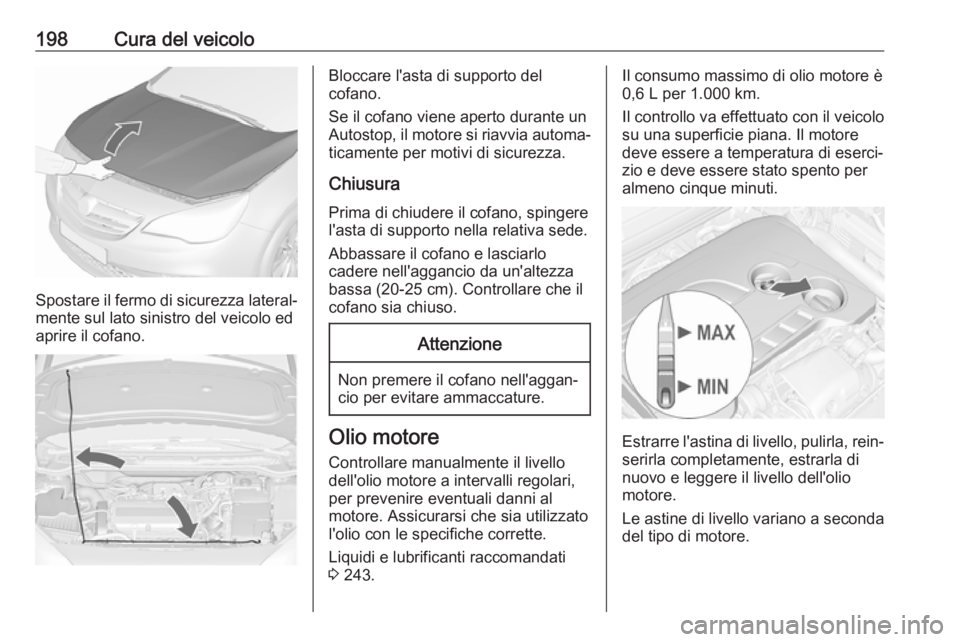 OPEL CASCADA 2019  Manuale di uso e manutenzione (in Italian) 198Cura del veicolo
Spostare il fermo di sicurezza lateral‐mente sul lato sinistro del veicolo ed
aprire il cofano.
Bloccare l'asta di supporto del
cofano.
Se il cofano viene aperto durante un A