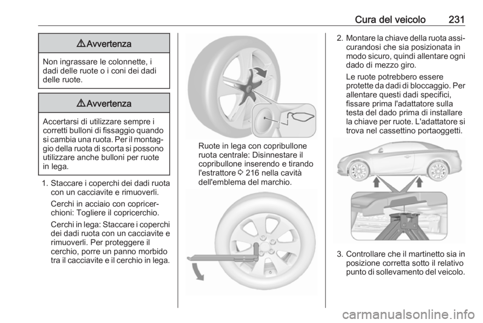 OPEL CASCADA 2019  Manuale di uso e manutenzione (in Italian) Cura del veicolo2319Avvertenza
Non ingrassare le colonnette, i
dadi delle ruote o i coni dei dadi
delle ruote.
9 Avvertenza
Accertarsi di utilizzare sempre i
corretti bulloni di fissaggio quando si ca