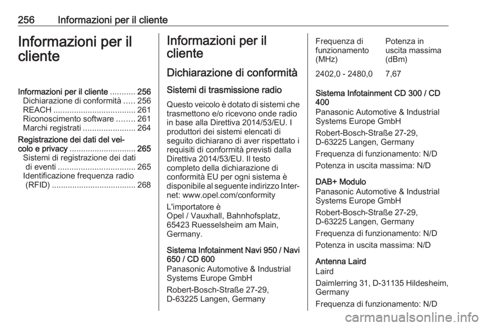 OPEL CASCADA 2019  Manuale di uso e manutenzione (in Italian) 256Informazioni per il clienteInformazioni per il
clienteInformazioni per il cliente ...........256
Dichiarazione di conformità .....256
REACH .................................... 261
Riconoscimento 