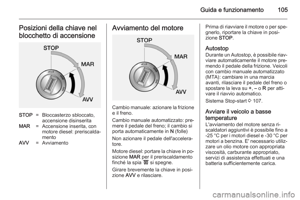 OPEL COMBO 2014  Manuale di uso e manutenzione (in Italian) Guida e funzionamento105Posizioni della chiave nel
blocchetto di accensioneSTOP=Bloccasterzo sbloccato,
accensione disinseritaMAR=Accensione inserita, con
motore diesel: preriscalda‐
mentoAVV=Avviam
