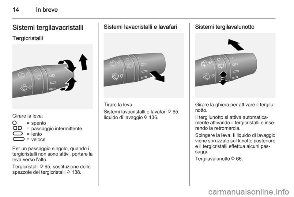 OPEL COMBO 2015  Manuale di uso e manutenzione (in Italian) 14In breveSistemi tergilavacristalli
Tergicristalli
Girare la leva:
§=spentoÇ=passaggio intermittenteÈ=lentoÉ=veloce
Per un passaggio singolo, quando i
tergicristalli non sono attivi, portare la l