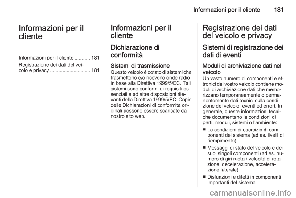 OPEL COMBO 2015 Manuale di uso e manutenzione (in Italian) Informazioni per il cliente181Informazioni per il
clienteInformazioni per il cliente ...........181
Registrazione dei dati del vei‐
colo e privacy ............................. 181Informazioni per i OPEL COMBO 2015 Manuale di uso e manutenzione (in Italian) Informazioni per il cliente181Informazioni per il
clienteInformazioni per il cliente ...........181
Registrazione dei dati del vei‐
colo e privacy ............................. 181Informazioni per i