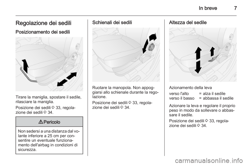 OPEL COMBO 2015  Manuale di uso e manutenzione (in Italian) In breve7Regolazione dei sediliPosizionamento dei sedili
Tirare la maniglia, spostare il sedile,
rilasciare la maniglia.
Posizione dei sedili  3 33, regola‐
zione dei sedili  3 34.
9 Pericolo
Non se
