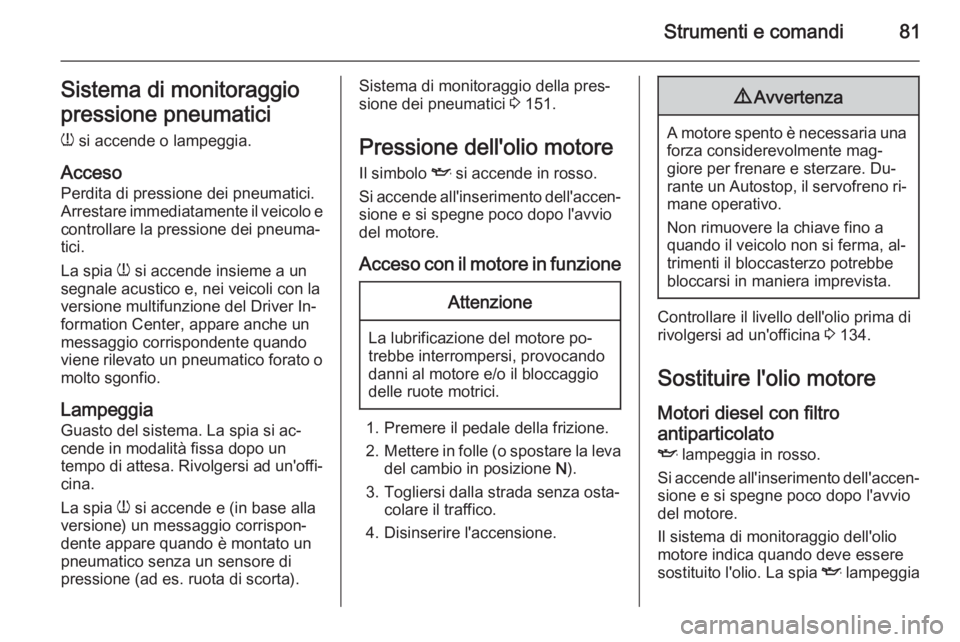 OPEL COMBO 2015 Manuale di uso e manutenzione (in Italian) Strumenti e comandi81Sistema di monitoraggio
pressione pneumatici
w si accende o lampeggia.
Acceso Perdita di pressione dei pneumatici.
Arrestare immediatamente il veicolo e
controllare la pressione OPEL COMBO 2015 Manuale di uso e manutenzione (in Italian) Strumenti e comandi81Sistema di monitoraggio
pressione pneumatici
w si accende o lampeggia.
Acceso Perdita di pressione dei pneumatici.
Arrestare immediatamente il veicolo e
controllare la pressione