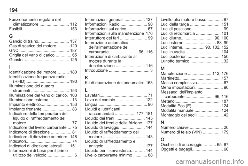 OPEL COMBO 2016  Manuale di uso e manutenzione (in Italian) 194Funzionamento regolare delclimatizzatore  ......................... 112
Fusibili  ....................................... 153
G Gancio di traino .......................... 137
Gas di scarico del mo